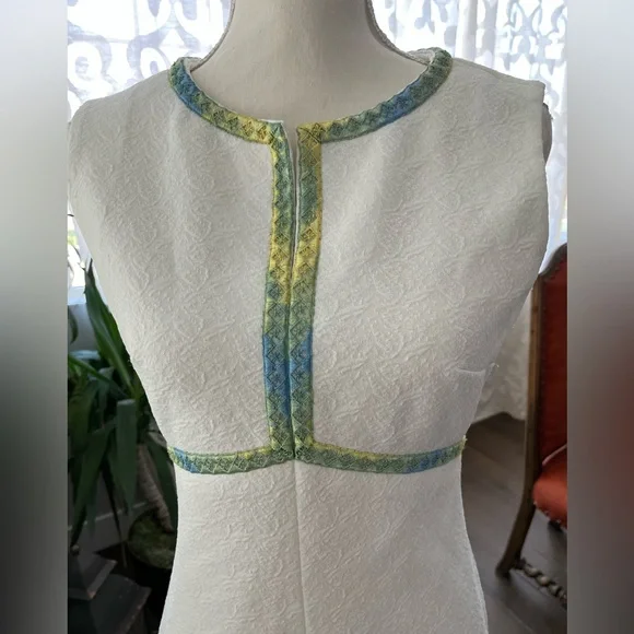 S/M Vintage 60s mod midi dress with green blue detail handmade Gogo dress - Picture 7 of 9